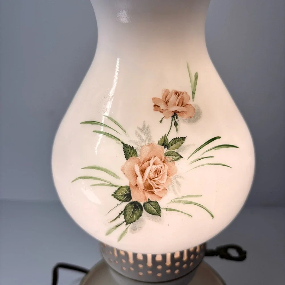 Milk Glass Hand Painted Floral Hurricane Vanity Table Lamp Trinket Tray VTG